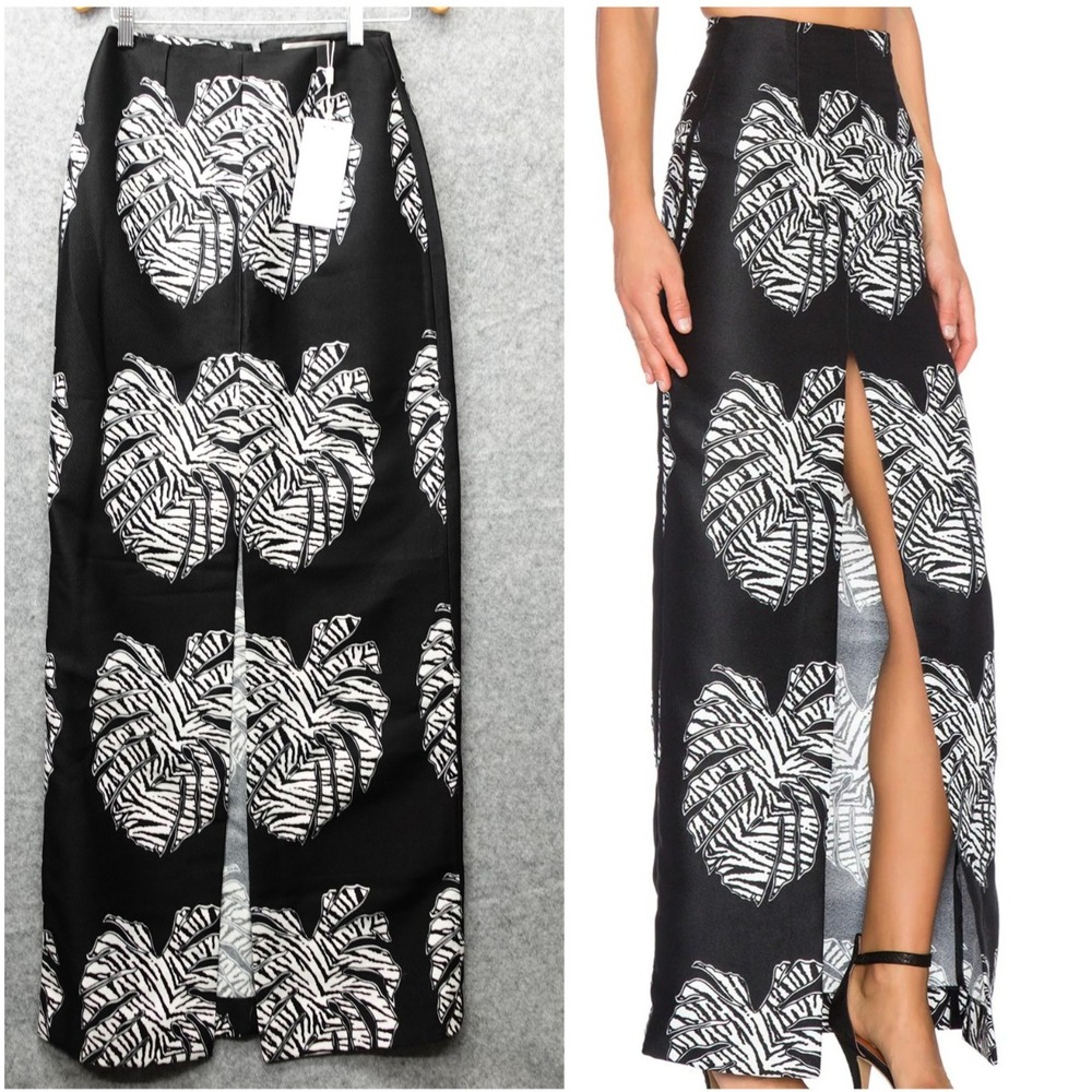 Boho Resort Maxi Skirt Women XS Black White Leaf High Front Slit SOLACE London 2